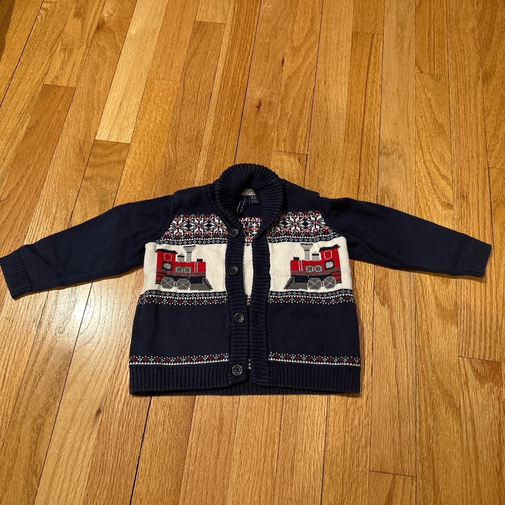 Janie and Jack Navy Cardigan Sweater with Red Train Motif